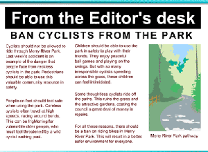 Image from the DLO showing an editorial called Ban Cyclists from the Park. 