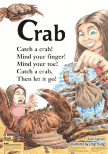 Child being bitten by a crab.