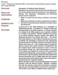 Student exemplar for Biology level 2, Achievement Standard 91157: Demonstrate understanding of genetic variation and change.