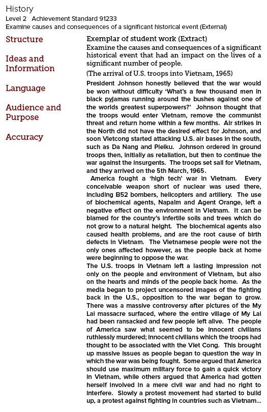 Student exemplar for History, level 2, Achievement Standard 91233: Examine causes and consequences of a significant historical event (External)